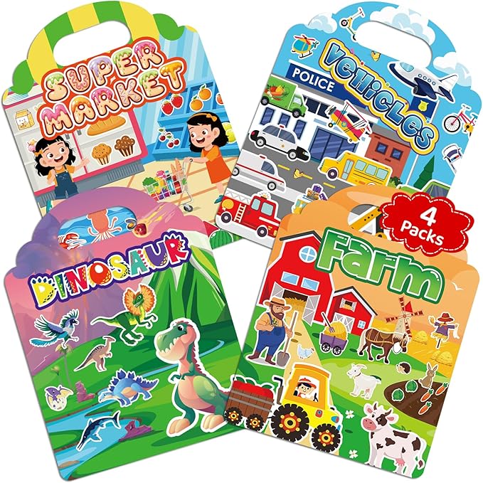 Jelly Sticker Books for Toddlers 2-4 Years, 4 Sets Reusable Sticker Books for Toddlers 1-3, Travel Toys Stickers Activity Book for Ages 2 3 4 5 6 Boy Girl Birthday Gifts (4Sets-Collection 2)