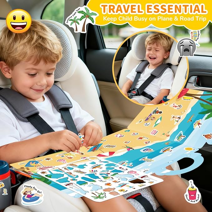 3 Sets Reusable Sticker Book for Toddlers 3-6, Jelly Sticker Books for Toddler, Travel Sticker Activity Toys for Kids 3 4 5 6 Years Old Girls & Boys（Supermarket + Picnic + Kitchen）
