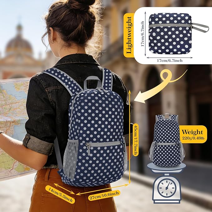 ZOMAKE Ultra Lightweight Hiking Backpack 20L, Packable Small Backpacks Water Resistant Daypack for Women Men(Navy Blue,White polka dots)