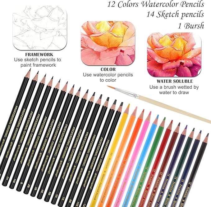 Heshengping, Sketching Pencil Set Drawing Pen Charcoal Sketch Kit Cover Graphite Charcoal Watercolor Pencils Paper Erasable Pen Beginners Artist Children and Adults(39pcs Art Supplies)
