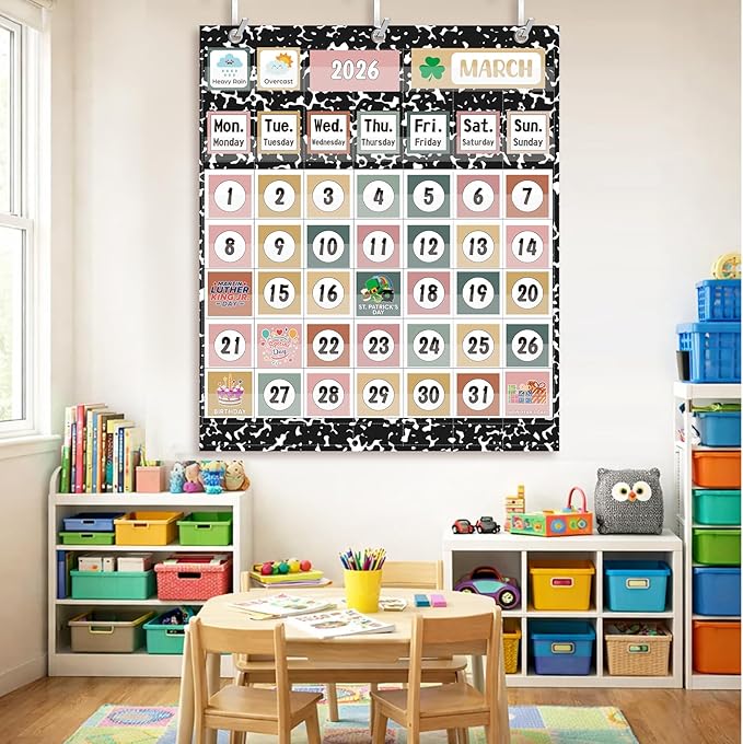 Tinlade Classroom Calendar Pocket Chart Set with 115 Cards 24 x 28 Inch Modern Farmhouse Calendar Bulletin Board Pocket 2026-2033 Festival Weather Teacher Supplies for Back to School Wall Decoration