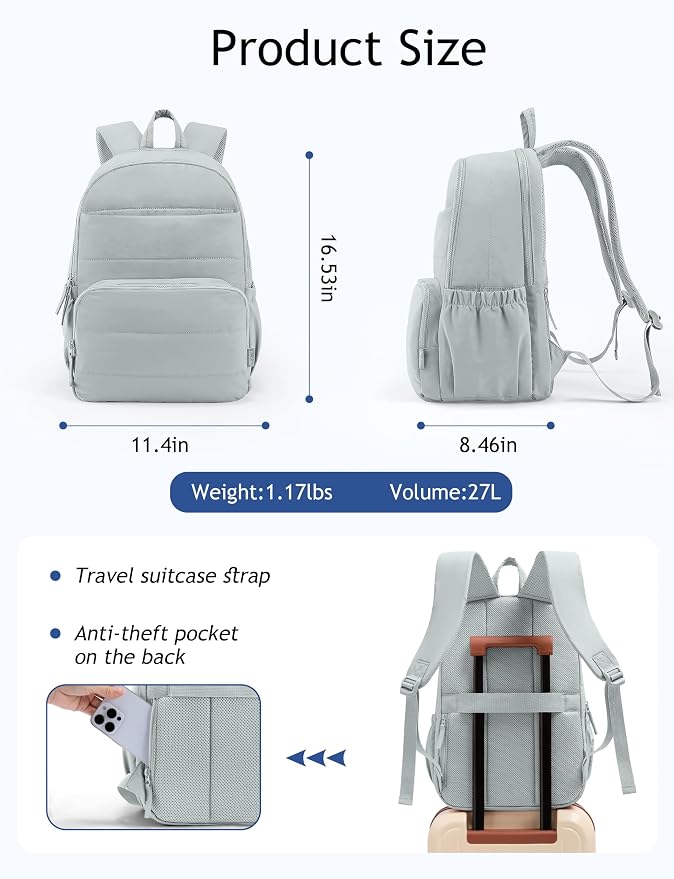 Uselike Travel Backpack for Women, 15.6 Inch Laptop Backpack, Quilted College Bookbag, Cute Work Backpacks, Water Resistant (Dawn Grey)