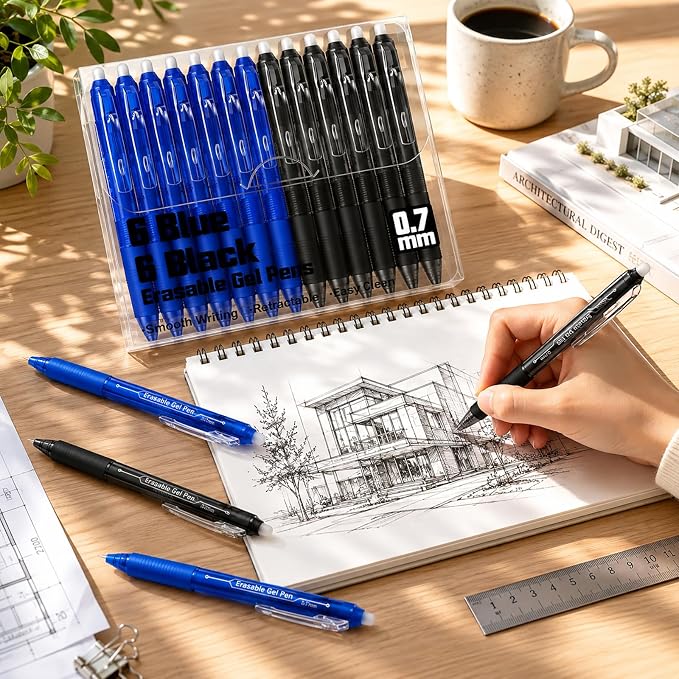 sunacme Retractable Erasable Gel Pens, 6 Black & 6 Blue Fine Point Erasable Pens Clicker, Make Mistakes Disappear, Perfect for Drawing, Writing, Planner & Crossword Puzzles (0.7mm, Pack of 12)