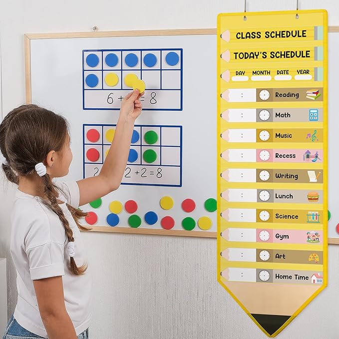 Fullhawl 45 Pcs Pencil Theme Daily Schedule Pocket Chart for Classroom, 13+1 Pockets Kids Schedule Teaching Scheduling Pocket Chart with Cards for Back to School Classroom Decoration