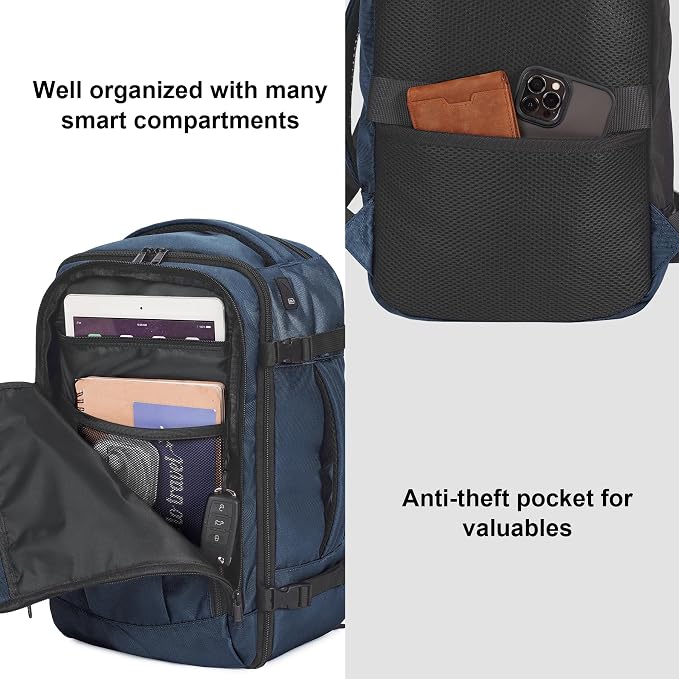 ECOHUB Travel Backpack 18x14x8 Frontier Airlines Personal Item Bag Blue | Carry On Backpack with 13 Pockets, Casual Daypack for Men Women Airline Approved Water Resistant Back pack with Charging Port