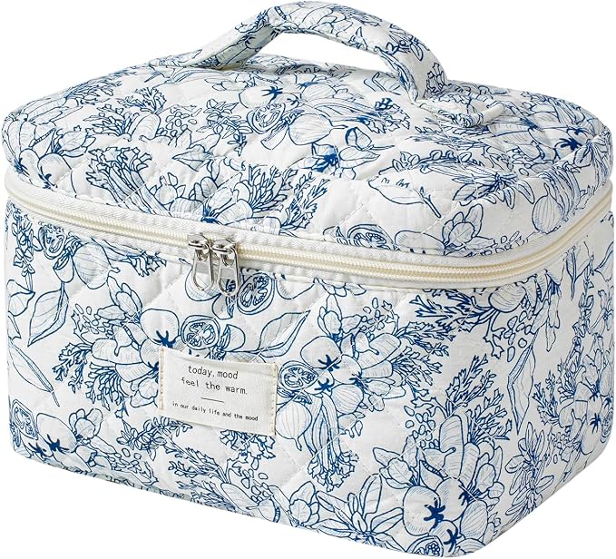 uekeboag Large Travel Quilted Makeup Bag for Women | Soft Floral Cotton Cosmetic Bag, Foldable Coquette Aesthetic Toiletry Organizer