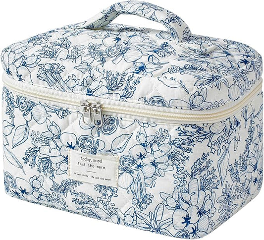 uekeboag Large Travel Quilted Makeup Bag for Women | Soft Floral Cotton Cosmetic Bag, Foldable Coquette Aesthetic Toiletry Organizer
