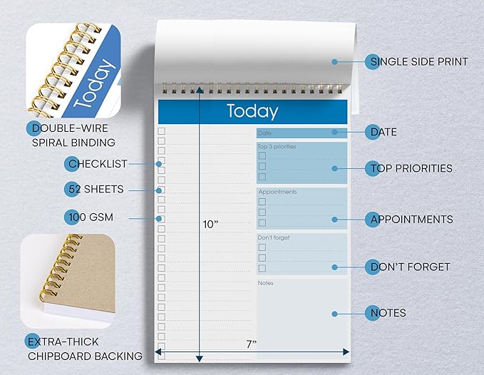 Better Office Products To Do List Notepad, 7" x 10" Today Note Pad, 52 Sheets, Double Wire Spiral, Daily Agenda Productivity Checklist Organizer (1 Pack)