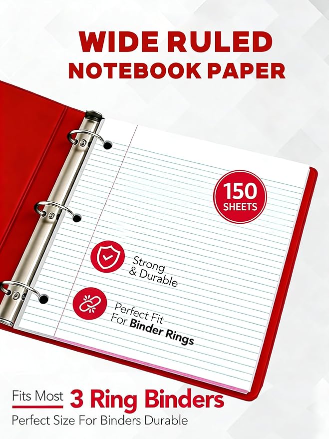Woodlake Loose Leaf Paper, Wide Ruled Notebook Paper, 8 x 10.5”, 150 Sheets per Pack, 3 Pack Bulk Lined Filler Paper, 3 Hole Punched, 60gsm, Made in USA