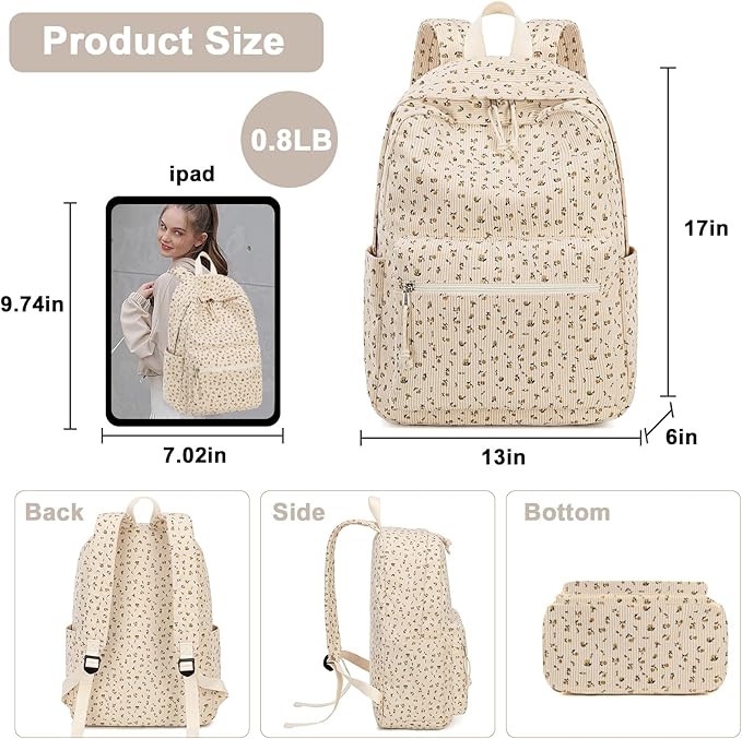 BTOOP School Backpack for Teens Large Corduroy Bookbag Lightweight 15.6 inch Laptop Bag for Girls Women Casual High School College
