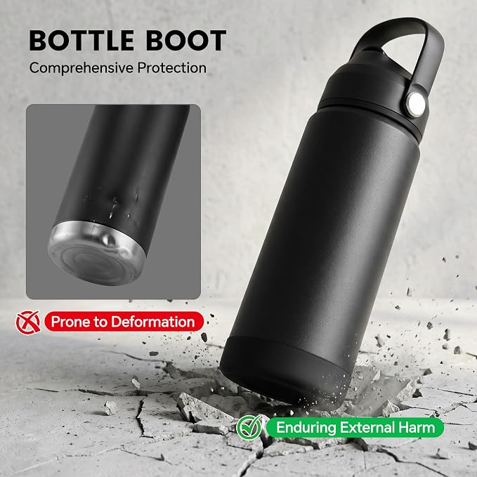 Fijinhom 24 oz Insulated Water Bottle with 2 Lids, Stainless Steel Water Bottles, Double Wall Vacuum, Portable Handle & Non-slip Bottom, BPA Free Leak Proof Metal Bottles, Keep Cold 24H, Black