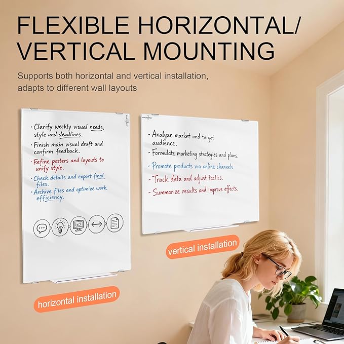 24" x18'' Magnetic Glass Whiteboard, Frameless Wall Mounted Dry Erase Board, Anti Ghosting Scratch Resistant Glass Board for Home Office Classroom with Complete Mounting Accessories