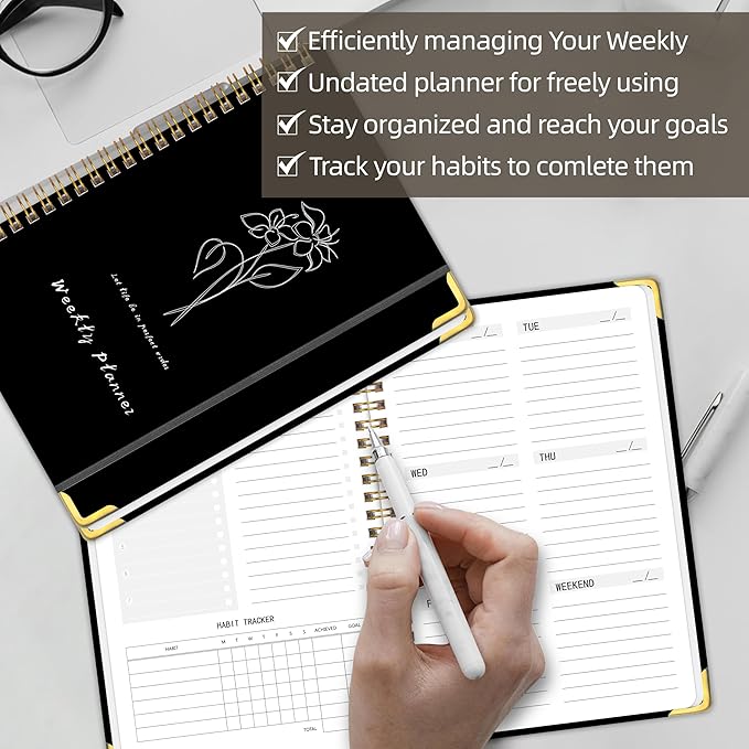 Undated Weekly Planner, Weekly To Do List Notebook with Goal & Habit Tracker Organizer, A5 5.8" x 8.0" Weekly Planner Notebook with Spiral Binding for Men or Women