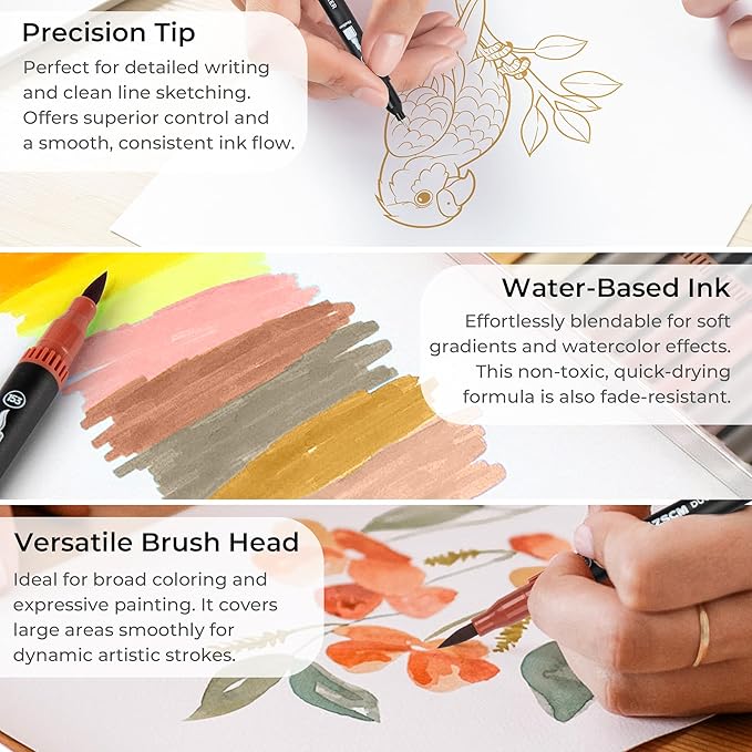 ZSCM Skin Tone Duo Tip Marker Pens, 12 Pack Fine & Brush Markers for Adult Coloring Books No Bleeding, Watercolor Skin Tone Markers for Hair and Portrait Sketch Drawing Lettering Writing Calligraphy