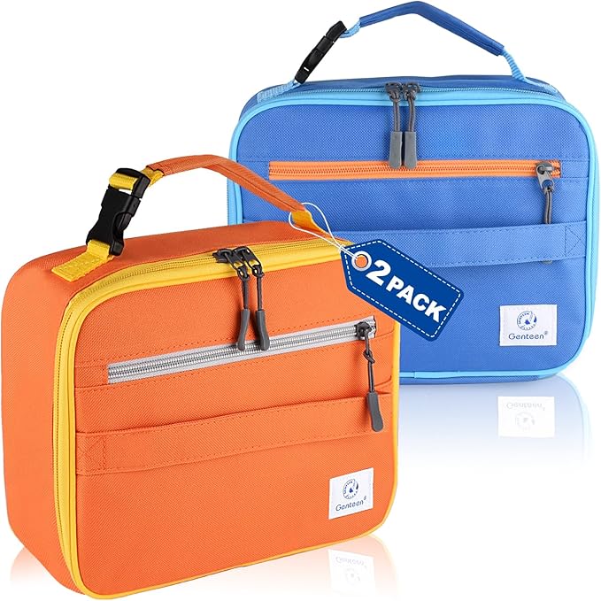 Genteen 2 Packs Insulated Soft Lunch Bag With Double Zipper - Sturdy, Freezable and Reusable for Kids, Men - For School, Work, Outdoor (B-2pk Blue+Orange)