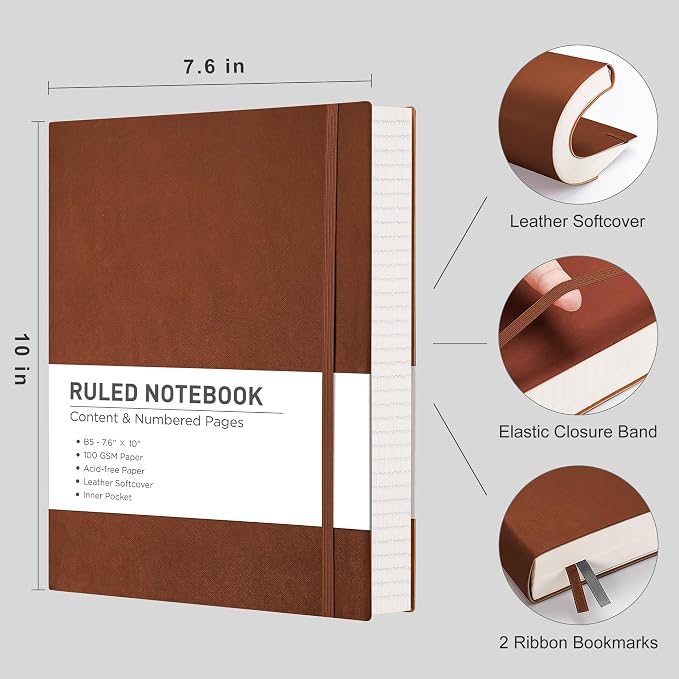 RETTACY Lined Journal Notebook, 2-Pack, 204 Numbered Pages per Pack, B5 Medium 7.6" × 10", Leather Softcover, 100 GSM Thick Paper, for Writing, Work, School (Black & Brown)