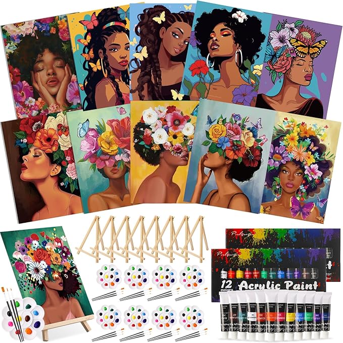 Ctosree 72 Pcs Flower Lady Paint and Sip Kit for Adults 8'' x 10'' Pre Drawn Canvas for Painting DIY Pre Printed Canvas for Party Favor Acrylic Painting Kit Wood Easel Brushes Date Night Bulk