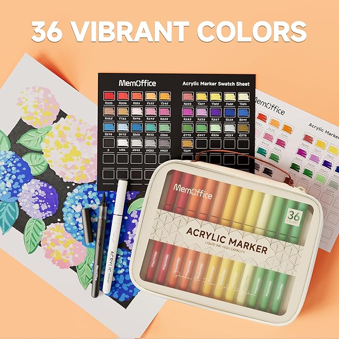 MemOffice Direct Liquid Acrylic Paint Markers, 36 Colors Brush Tip Pens with Carrying Case, No Bleed, Waterproof, for Rock, Wood, Canvas, Glass, Fabric, DIY Crafts for Adults