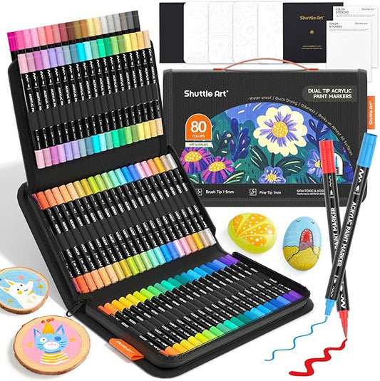 Shuttle Art 80 Colors Dual Tip Acrylic Paint Markers, Brush Tip and Fine Tip Acrylic Paint Pens for Rock, Ceramic, Wood, Canvas, Plastic, Glass, Stone, Calligraphy, Card Making, DIY Crafts