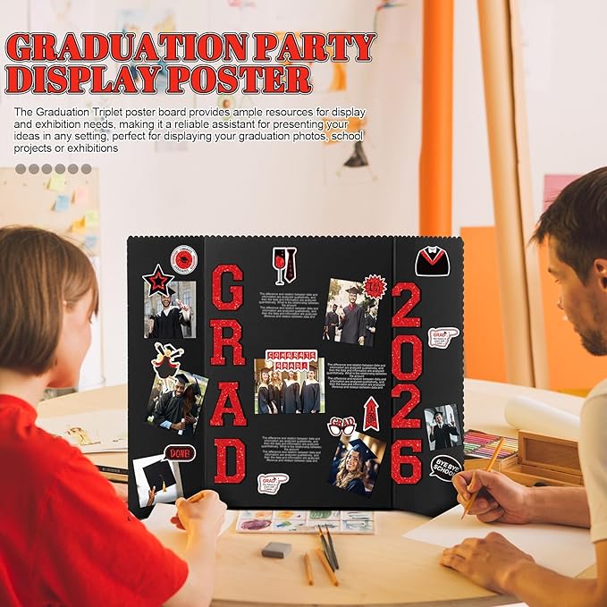 MiniInflat 4 Set 2026 Graduation Picture Trifold Poster Board Double-Sided Foldable Photo Display Board Graduation Decoration for Class of 2026 High School College DIY Craft(Red,24 x 16 Inches)