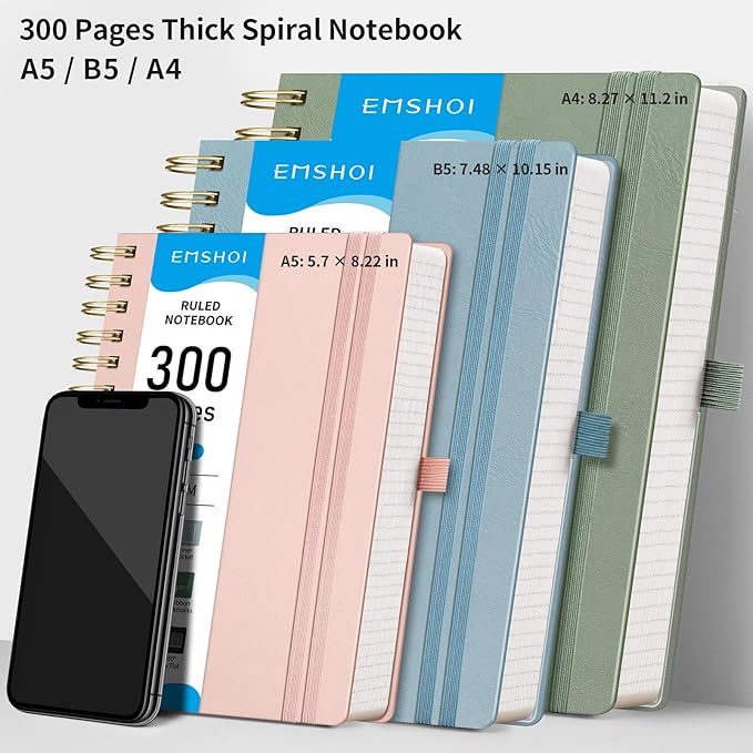 EMSHOI Spiral Notebook College Ruled, 300 Numbered Pages, A4 Large Hardcover Leather, 100 GSM Thick Lined Journal for Women Men Work Writing Journaling Note Taking, 8.27" x 11.2", Rose Gold