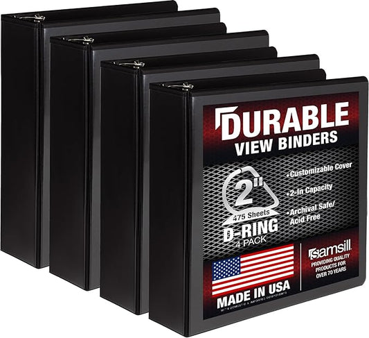 Samsill Durable 2 inch 3 Ring Binder, D Ring Binder, 100% Recycled Chipboard, Black, 4 Pack