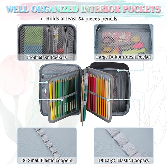 Large Pen Pencil Case,VONXURY High Capacity Art Colored Pencil Pouch Portable Stationery Organizer With 2 Detachable Layers 54 Slots Multiple Zipper Pockets for School Office College