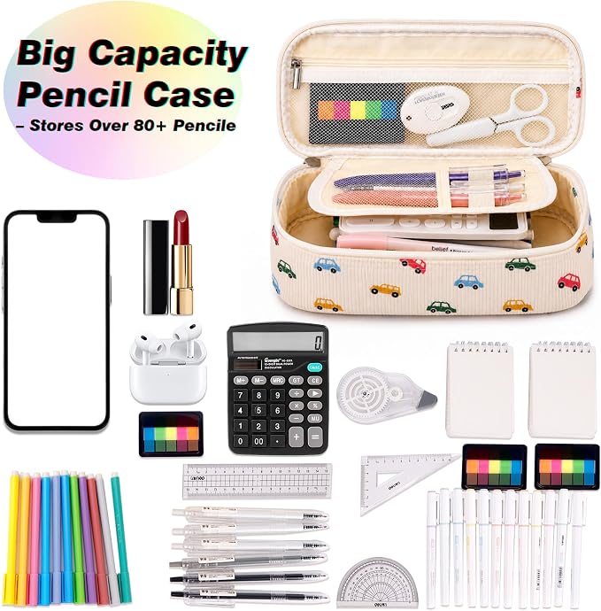 Big Capacity Pencil case,Soft Corduroy Pencil Bag,Cute Pen Case with Handle,5 Compartments, Wide Opening Pen Pouch Organizer for Teen Girls Women (Colorful Car)