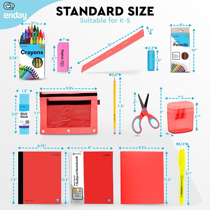 Enday Back to School Supplies for Kids, Red School Supply Box Grades K-5, Premium Quality Kids School Supplies Kit, Kindergarten Supplies for Girls and Boys, 78 Piece Set