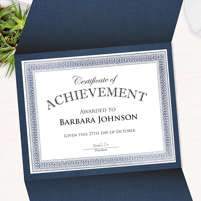 Geographics Certificate Holders - Tri-Fold Navy Linen 9.25x12.5 Inches - Embossed Die-Cut 80 lb Cover Stock - Silver Medallion Foil Stamp - Ideal for Awards - 218 GSM Document Holder