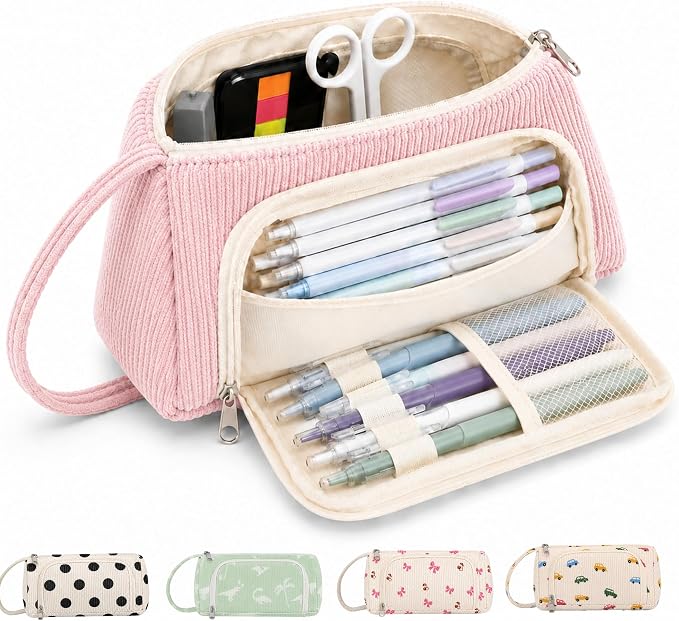 Big Capacity Pencil case,Soft Corduroy Pencil Bag with 3 Compartment Pouch Bag for School Supplies Office for Teen Girls Boys Women Man (PinkN)