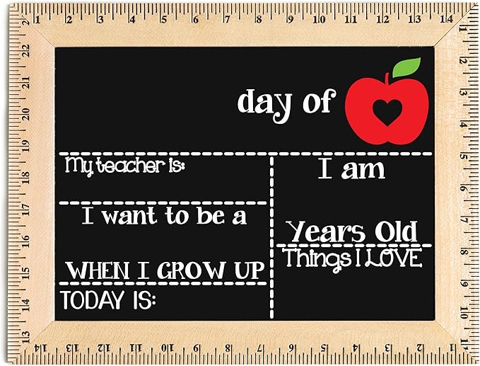 First Day of School Sign (15"x11.5"), Real Wooden Ruler Frame, Reusable Chalkboard- Easy-to-Clean, Handmade in USA by Bloom Owl, Perfect for Back to School, First Day of Kindergarten or Preschool