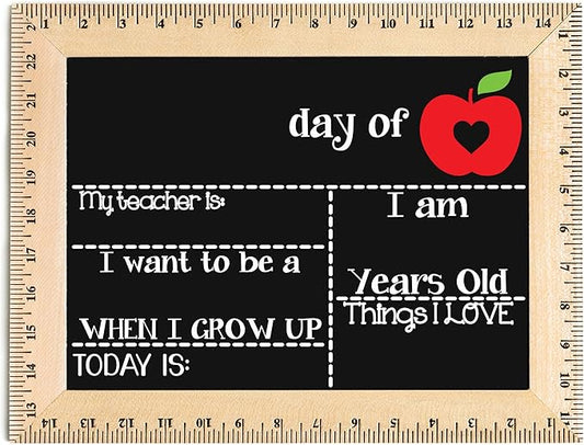 First Day of School Sign (15"x11.5"), Real Wooden Ruler Frame, Reusable Chalkboard- Easy-to-Clean, Handmade in USA by Bloom Owl, Perfect for Back to School, First Day of Kindergarten or Preschool