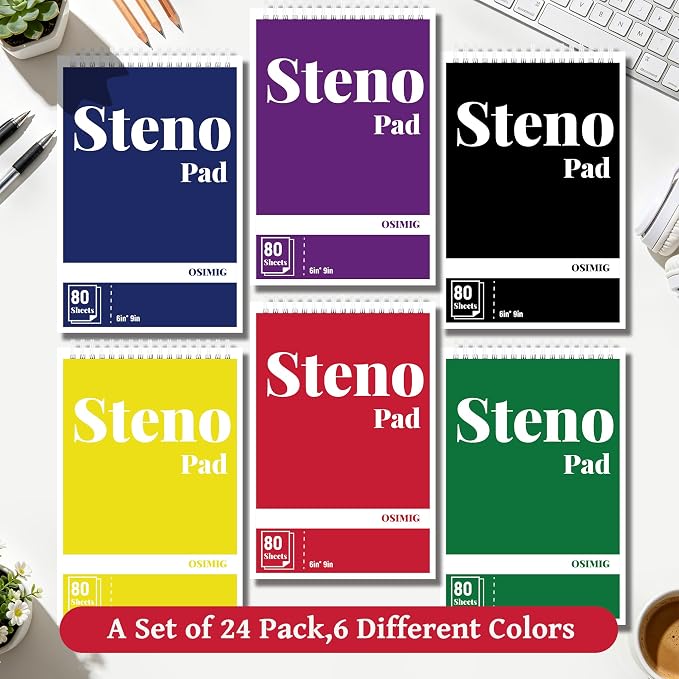 OSIMIG 24 Pack Spiral Steno Pads 6" x 9", Gregg Ruled Steno Pad, 80 Sheets