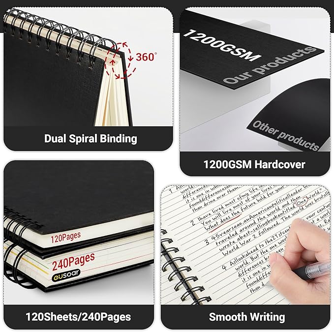 EUSOAR 5 Subject Notebook College Ruled, 1 Pack A4 11" x 8-1/2", 100GSM Line Paper,120 Sheets/ 240 Pages, Thick Hardcover Large Journal Notebooks with Dividers for School Office Note Taking Travel