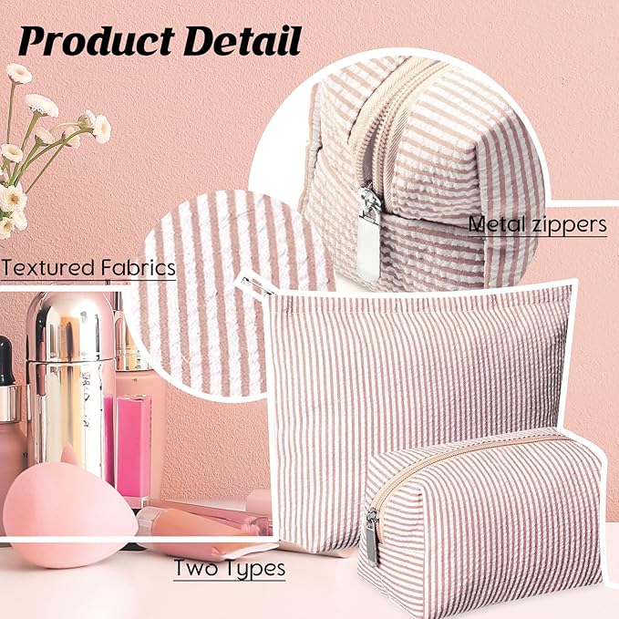 Huhumy 2 Pcs Makeup Bag Set for Women, Khaki, Thin Striped Seersucker | Cute Cosmetic Pouch Women Travel Toiletry Bag Preppy Small Makeup Purse Pouch Aesthetic Skincare Brushes Storage Organizer