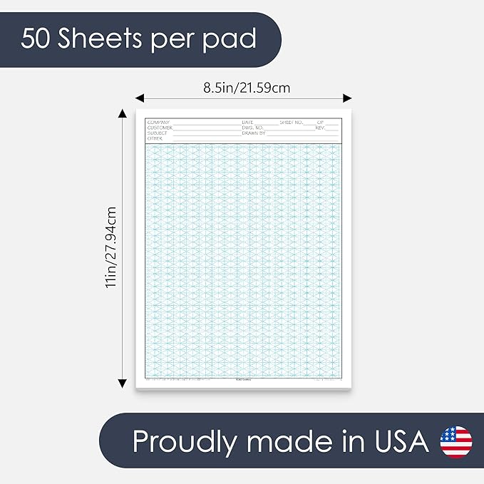 GeekNavy 8.5" x 11" Isometric Graph Paper 50 Sheets Portrait - 0.25" Grid, Non-photo Blue, High Brightness, Drafting, Engineering, Art, 3D Design (3-Pack)