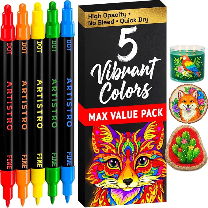 ARTISTRO 5 Precision Dual-Tip Acrylic Paint Markers – Paint Pens Set with Dot & Fine Tips for Fabric, Rock, Glass, Wood, Coloring Books – Arts & Crafts Gift – Classroom Must Haves & School Supplies