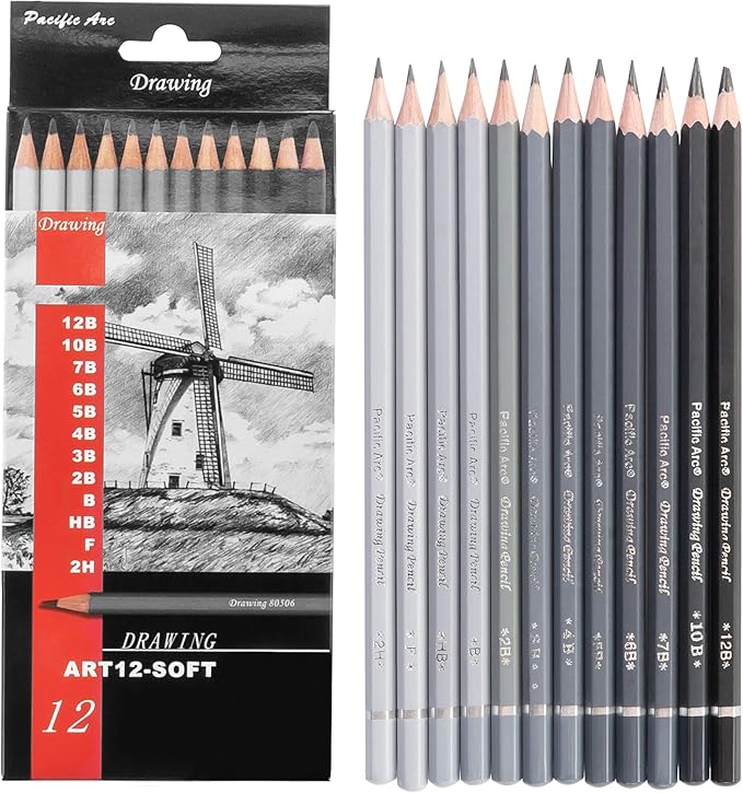 Pacific Arc Premium Graphite Drawing Pencils for Artists, Soft Pack - Professional Pencils for Drawing, Drafting, Sketching and Shading 12 Pk. - Great Non Toxic Art Supplies Set
