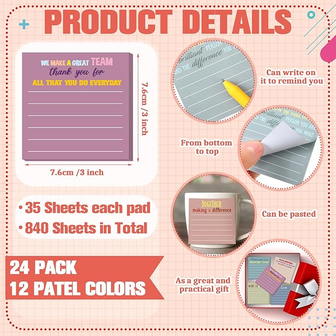 Yinder 24 Pcs Inspirational Sticky Notes Cute Motivational Sticky Notes Pad End of Year Employee Appreciation Gifts Bulk for Teacher Nurse Coworkers Office Supplies 3 x 3'' (Thank You,Morandi)