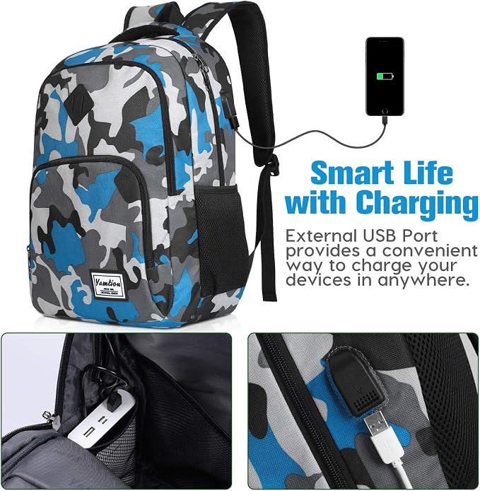 School Backpack for Teen Boys,Bookbag for High School College Backpack with USB,Camouflaged Blue