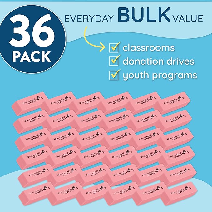 Blue Summit Supplies Pink Erasers, Bulk Erasers for Art, School, and Office Use, Classroom Set, 72 Pack