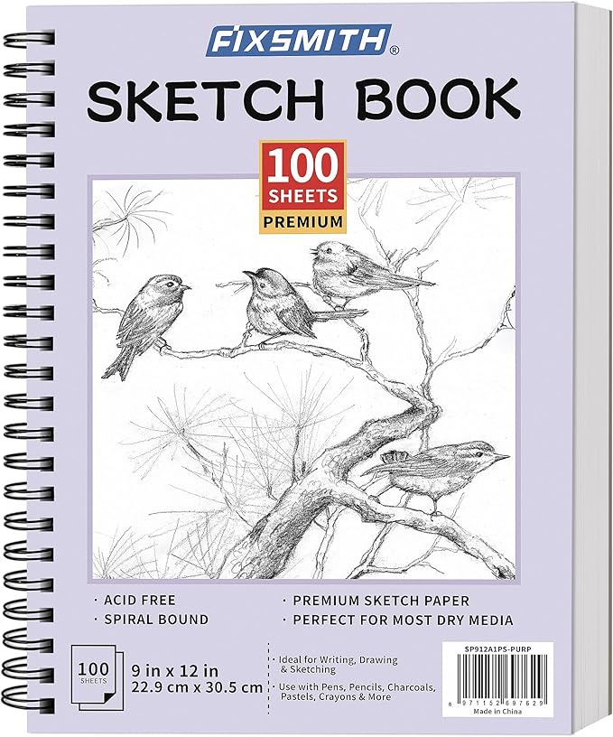 FIXSMITH 9"X12" Purple Sketch Book, 100 Sheets (68 lb/100gsm) Spiral Sketchbook, Acid Free Drawing Paper, Sketch Pad for Beginners,Artists & Professionals, Bright White