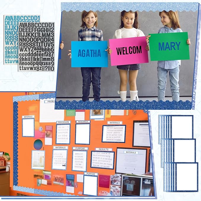 Sinload 92 Pcs Science Fair Board Supplies 60 Trim Scalloped Poster Boards 18 Presentation Subtitles 6 Project Titles 8 Letter Sticker for Classroom Display Boards(Glitter Blue,Wave)