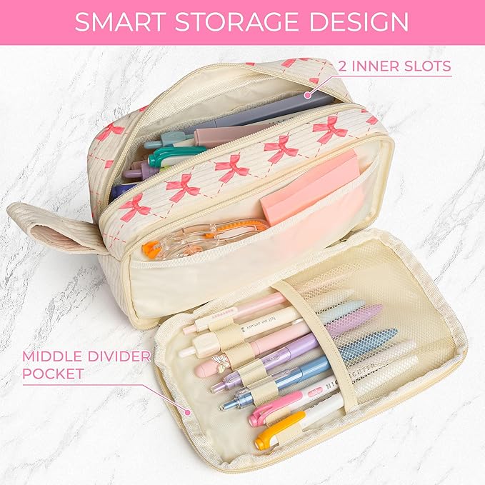 WOBAGMEN Cute Pencil Case,Large Corduroy Zippered Pencil Case Pouch, aesthetic Pencil Bag with Compartments, Pencil Pouch School Supplies (HY-corduroy pc-pink bow)