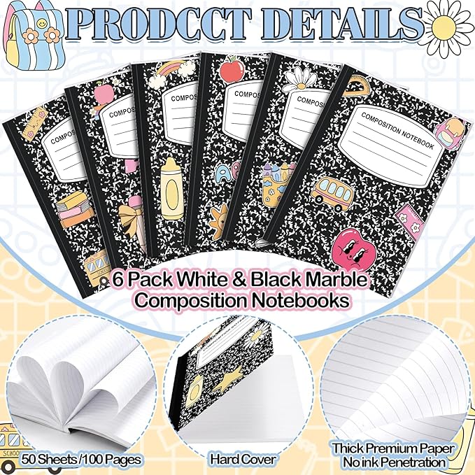 Eaasty Composition Notebook Wide Ruled Paper Assorted Marble Aesthetic Composition Notebook 100 Page 7.5" x 9.75" Journal Gift for Back to School First Day of School Students Teacher(6 Pcs,Classic)