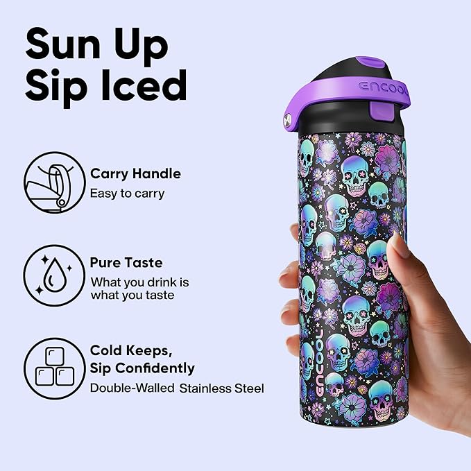 Encool SwiftSip Insulated Stainless Steel Water Bottle with Straw - Leak Proof Sports Water Bottle for School, Travel, Keeps Cold All Day, One-Touch Flip Lid, BPA-Free, 24 oz, Floral Afterlife