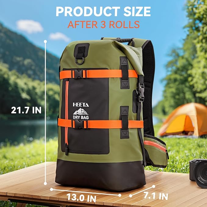 HEETA Dry Bags Waterproof Backpack 40L for Men & Women, Roll Top Heavy Duty | Cushioned Hiking Backpack, for Kayaking Boating Paddle Boarding Fishing Travel Camping Beach Vacation Cruise Ship Essentials