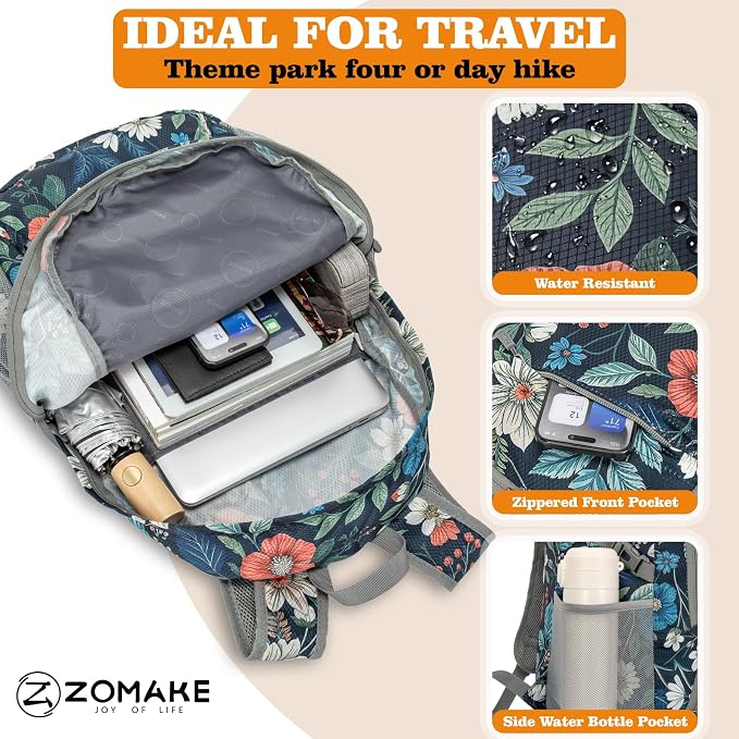ZOMAKE Lightweight Packable Backpack 30L, Foldable Travel Hiking Daypack | Water Resistant Collapsible Backpacks, Folding Day Pack for Outdoor Camping Sport, Everyday Carry(Navy blue,Floral pattern)