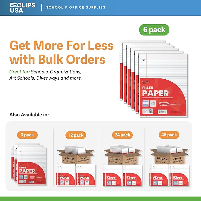 Wide Ruled Loose Leaf Paper Wide Ruled Notebook Paper Lined Writing Filler Paper 10.5” x 8” 56 gsm 600 Sheets 100 Sheet Per Pack (6 Pack)